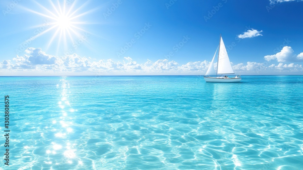 Obraz premium Sailboat floats tranquil turquoise ocean, sunny sky, idyllic travel scene