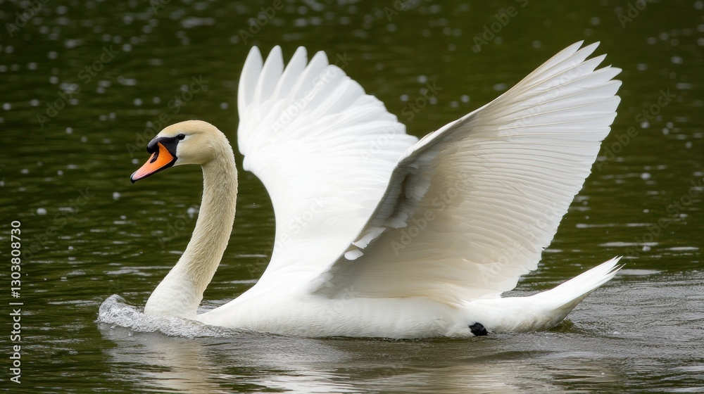 Naklejka premium Majestic swan landing on calm lake, wings spread, nature background, wildlife photography