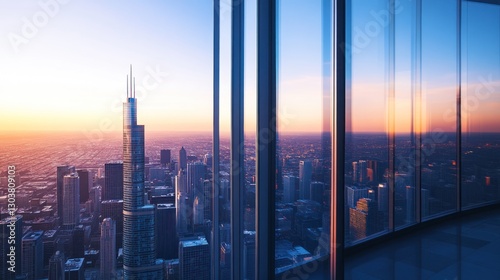 Sunset cityscape view from skyscraper office
