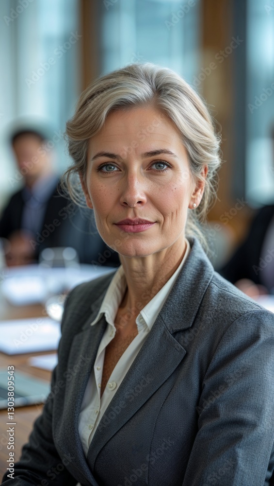 Caucasian middle aged woman portrait in blur business meeting background Caucasian middle aged woman portrait in blur business meeting background