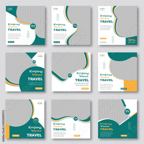 Travel sale social media post template. Summer beach holiday promotion Instagram banner template