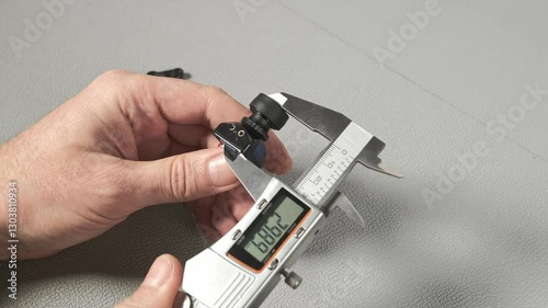 An engineer works with a digital caliper to measure a small robotic servo component with gears and wiring. Taking size, wide, length The precise measurement is shown on the LCD screen of the tool.