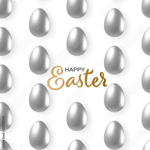 Happy Easter silver eggs pattern with gold lettering text. 3d vector realistic egg objects mockup isolated on white background. For poster, greeting card, banner, flyer, or festive decorations.