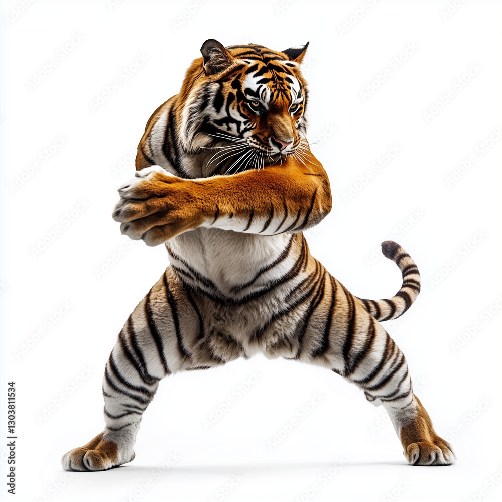 Fototapeta premium Tiger plays kung fu fighter isolated on white background Generative ai