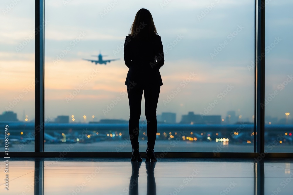 Fototapeta premium Stylish Professional Woman in Suit Standing at Airport Terminal Window