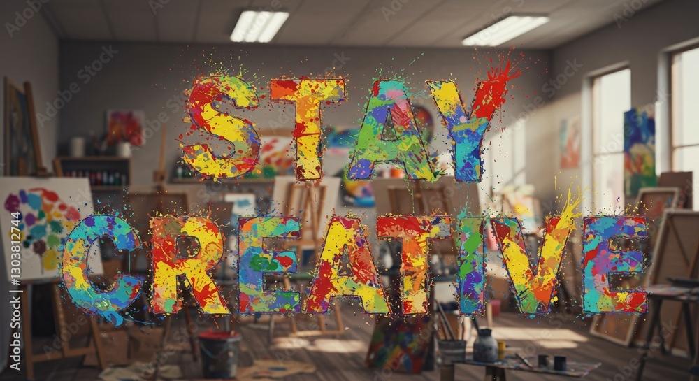 Fototapeta premium Inspiring artistic message stay creative in vivid splattered paint design studio
