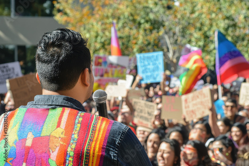 A person speaking at a rally for immigrant rights