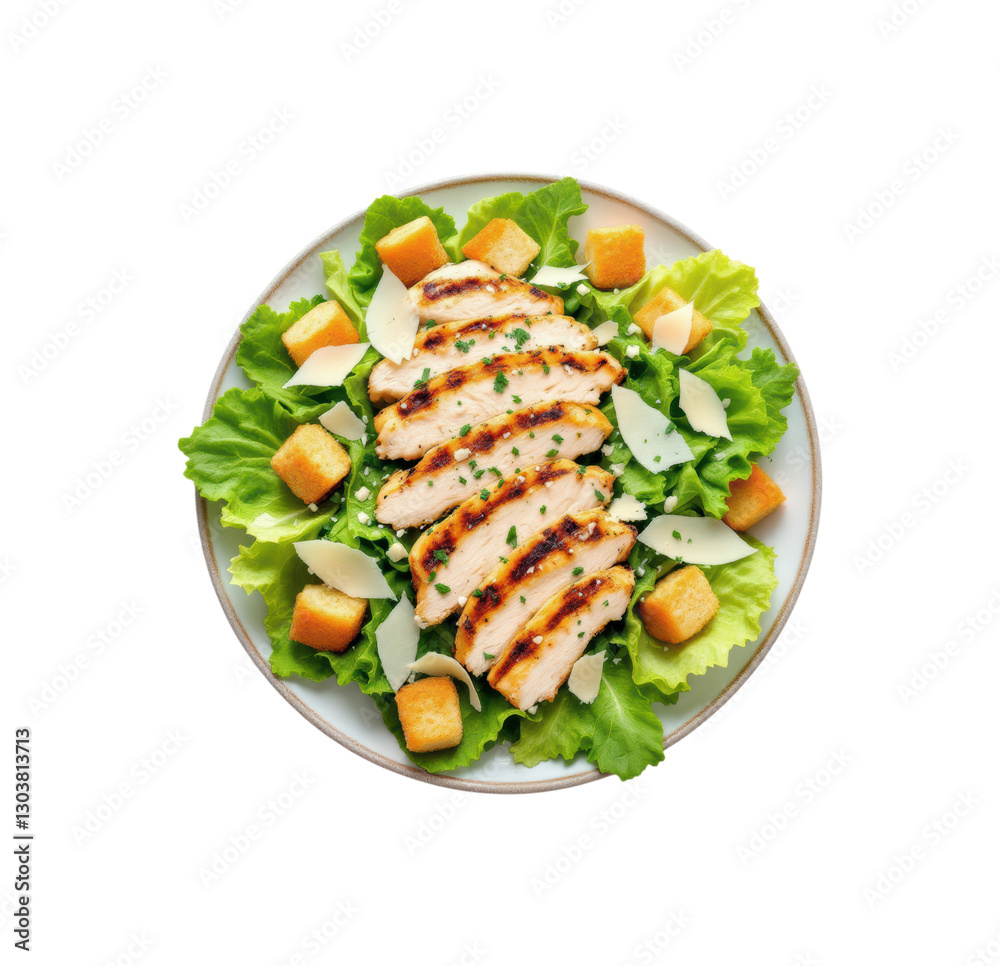 Classic Caesar Salad with Grilled Chicken Strips, Fresh Romaine Lettuce, Parmesan Shavings and Golden Croutons on Ceramic Plate, Isolated on Transparent and White Background Classic Caesar Salad with Grilled Chicken Strips, Fresh Romaine Lettuce, Parmesan Shavings and Golden Croutons on Ceramic Plate, Isolated on Transparent and White Background