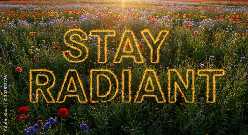 Fototapeta premium Illuminated 'Stay Radiant' Text Over a Lush Blooming Meadow at Sunset