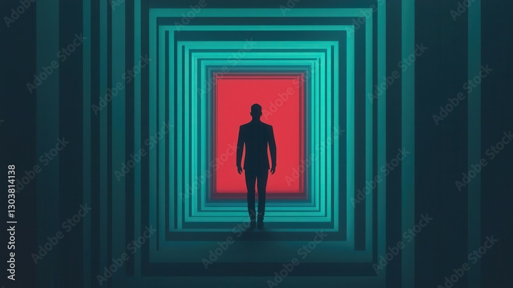 A silhouette stands at the end of a geometric tunnel, illuminated by vibrant blue and red lights, creating a striking visual contrast. A silhouette stands at the end of a geometric tunnel, illuminated by vibrant blue and red lights, creating a striking visual contrast.