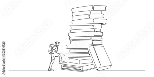 Man climbs the stack of books in one continuous line drawing. Traveler with backpack is hiking in simple linear style. Leadership development Editable stroke. Doodle vector illustration