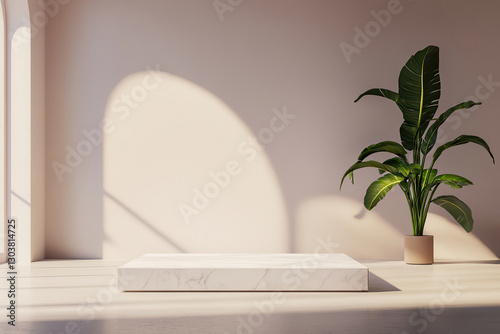 modern floating marble platform in minimalist interior, complemented by lush green plant in pot, creates serene and stylish atmosphere