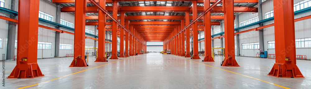 Spacious factory interior with high tech machinery and vibrant orange beams, showcasing organized and efficient workspace Spacious factory interior with high tech machinery and vibrant orange beams, showcasing organized and efficient workspace