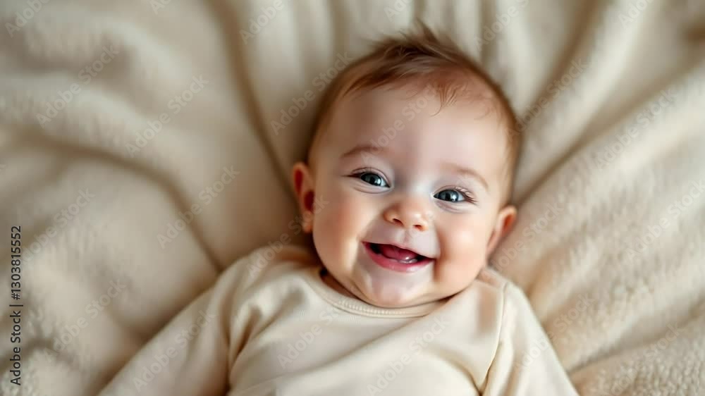 A sweet, adorable baby girl with bright blue eyes is lying on a soft, beige blanket, smiling broadly. A sweet, adorable baby girl with bright blue eyes is lying on a soft, beige blanket, smiling broadly.