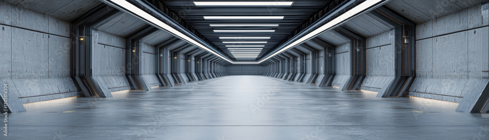 Naklejka premium Spacious industrial factory interior with concrete walls and bright lighting, creating modern and open atmosphere. Ideal for various industrial applications