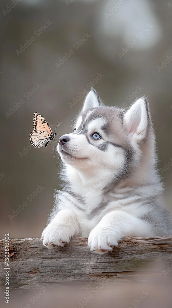 Fototapeta premium a furry husky puppy interacting with a small butterfly. The puppy's expressive dark eyes gaze upward as a small butterfly gracefully perches on its nose. 