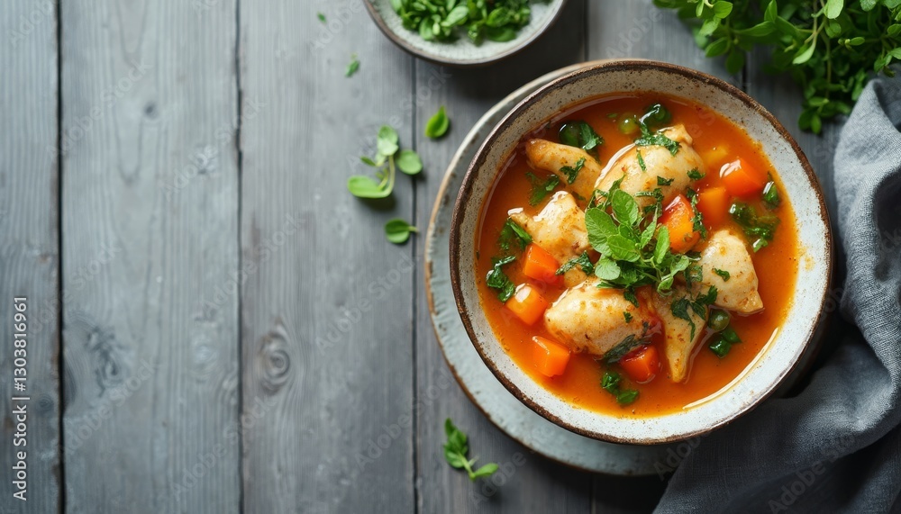Aromatic Chicken Stew with Fresh Herbs on Rustic Wooden Table Aromatic Chicken Stew with Fresh Herbs on Rustic Wooden Table