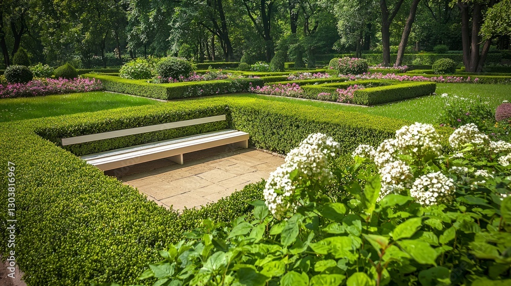 Fototapeta premium Serene Garden with Boxwood Hedge Bench Flowers