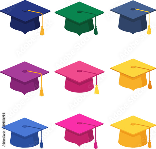 A set of nine colorful graduation caps with tassels, arranged in three rows, symbolizing academic achievement and celebration.  
