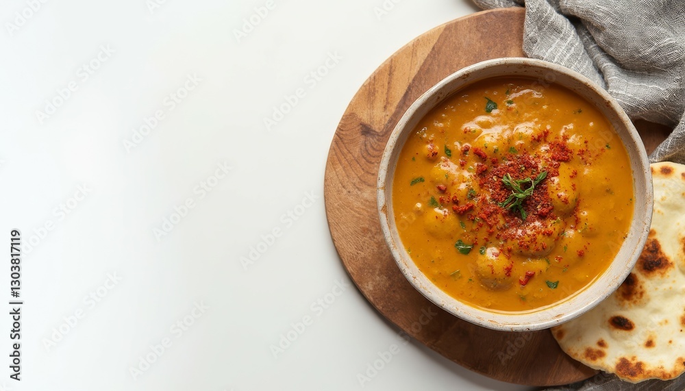 Aromatic curry soup served in a bowl with naan bread, offering a delicious and comforting culinary experience Aromatic curry soup served in a bowl with naan bread, offering a delicious and comforting culinary experience