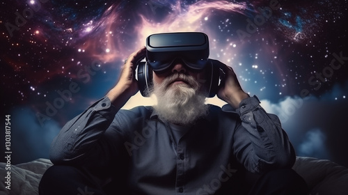 An elderly woman in a virtual reality mask realizes her childhood dreams and sees pictures of space.