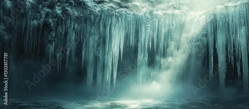 A frozen waterfall with icicles hanging from the cliff face.