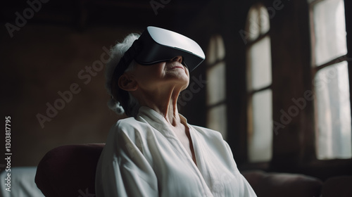 An elderly woman in a virtual reality mask realizes her childhood dreams and sees pictures of space.
