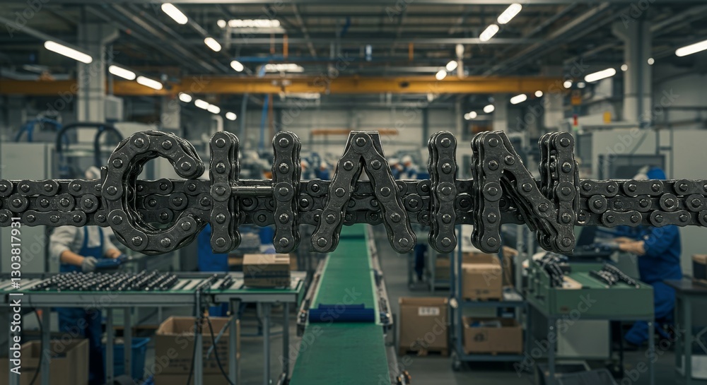 Naklejka premium Industrial concept: Chain text formed from metal links in factory setting