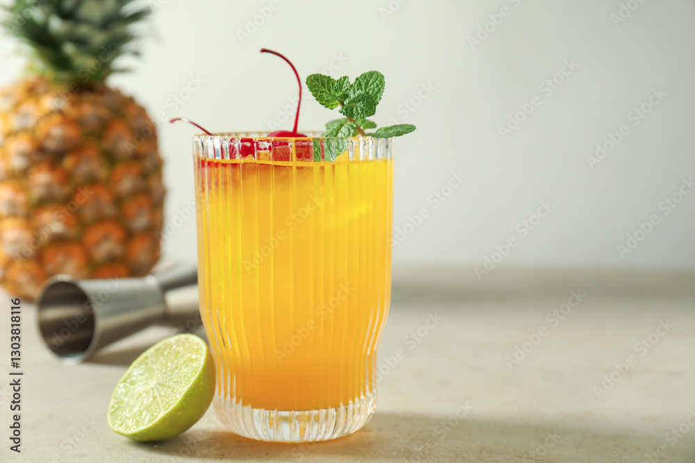 Φωτογραφία Tasty pineapple cocktail with mint and cherry in glass served on light table, sp