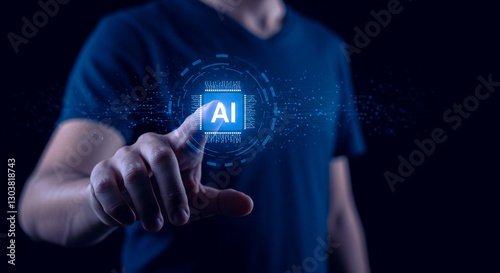 Futuristic AI Interaction – Researcher Pressing a Virtual AI Button to Enter a AI world