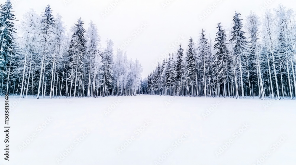 Obraz premium Snowy Winter Forest Landscape Frosty Trees White Snow Cold Weather Scenery