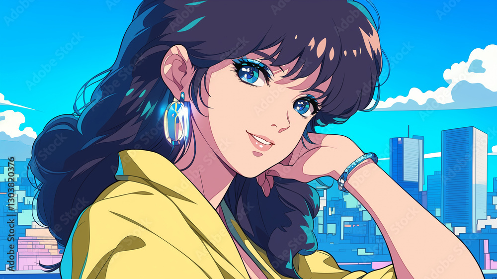 80sレトロアニメ風、美しい瞳と大きなイヤリングが映えるスタイリッシュな女性キャラクター