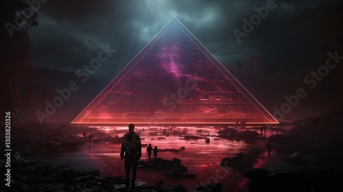 A massive floating pyramid covered in pulsing neon veins photo