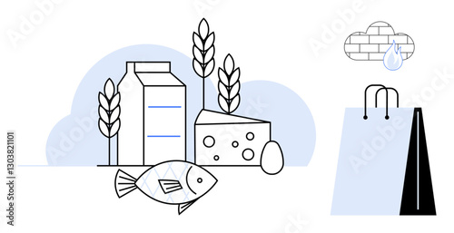 Milk carton, cheese, fish, egg, wheat stalks highlighted alongside eco-friendly bag and water drop in cloud. Ideal for sustainability, eco shopping, food supply, agriculture nutrition waste