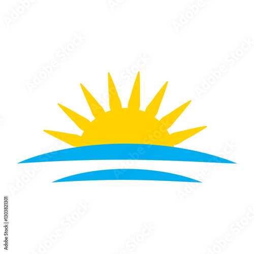 Rising sun icon. Bright yellow sunshine. Blue water waves. Vector illustration.