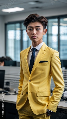 Asian teen guy in yellow formal suit whole body portrait in office background