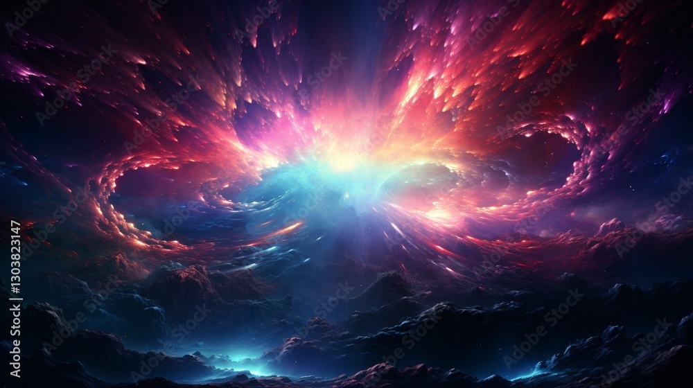 Obraz premium A neon-colored energy storm forming a surreal cosmic waterfall