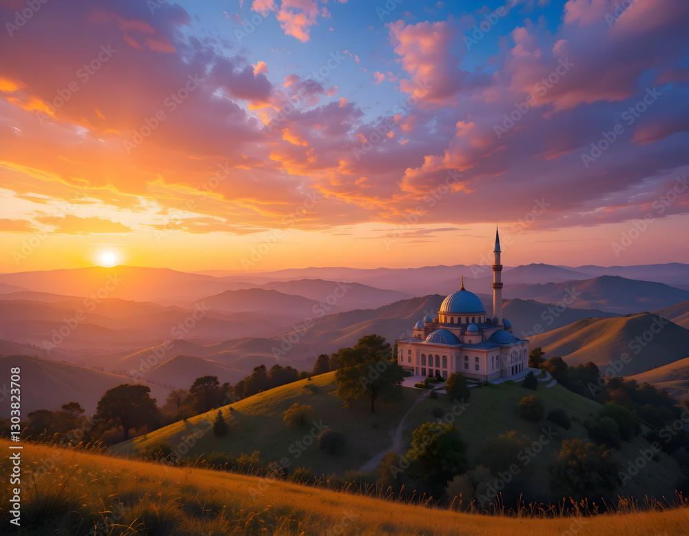 Obraz premium Majestic Mosque Atop Hill at Colorful Sunset with Mountain Views