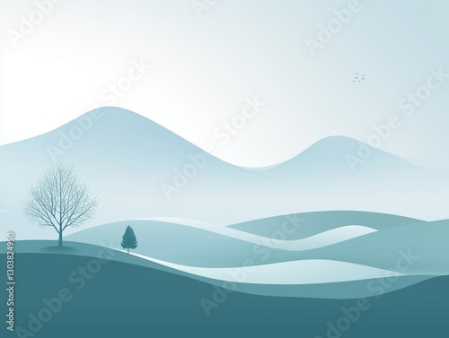 A serene teal landscape with gently layered hills and two solitary trees, presented in a minimalist style against a soft sky for a calm, scenic effect.