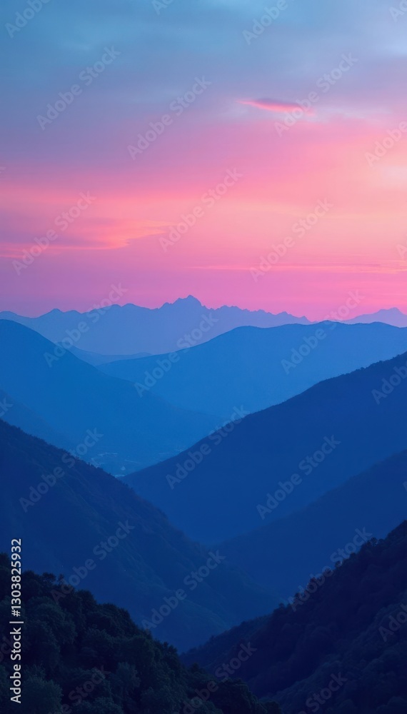 Fototapeta premium Layered blue mountains meet the horizon under a gradient sky at dusk, mountains,