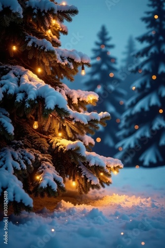 Sparkling golden lights on snow covered evergreen, sparkling lights, winter, christmas
