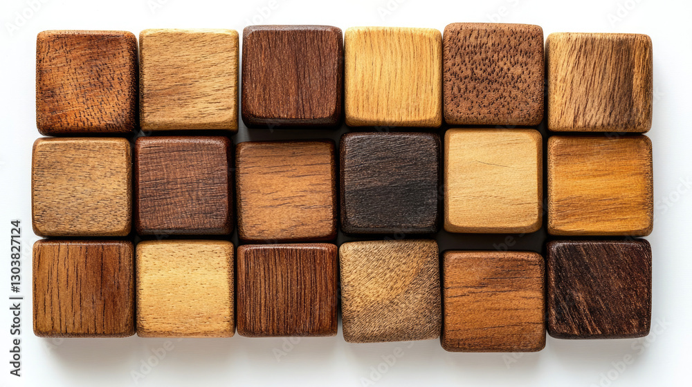 Fototapeta premium Wooden blocks arranged in a grid, showcasing various wood tones and textures, symbolizing natural materials and patterns.Woodworking projects, handmade items, and natural materials.