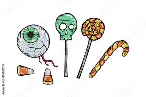 eyeball candy, skull lollipop, and sweets halloween vector illustration