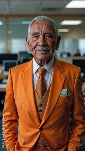 Hispanic elderly guy in orange formal suit whole body portrait in office background