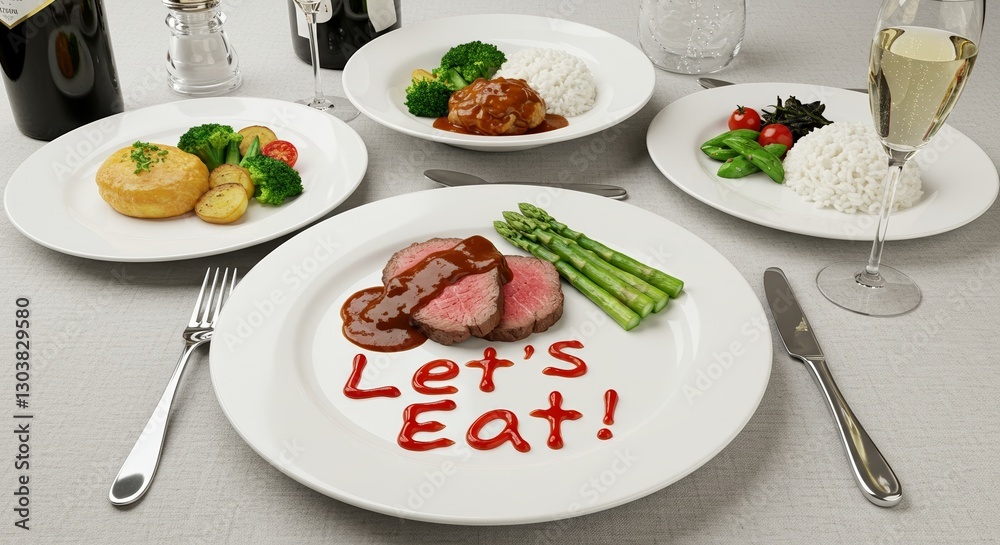 Elegant dining arrangement showcasing diverse culinary delights and playful ketchup message Elegant dining arrangement showcasing diverse culinary delights and playful ketchup message