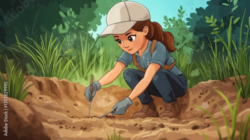Cultivating Growth: An industrious young woman tends to the soil, planting seeds with care and a hopeful gaze, surrounded by verdant growth and a promise of new life.