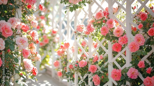 Vibrant Pink Roses Climbing a White Lattice in a Beautiful Garden