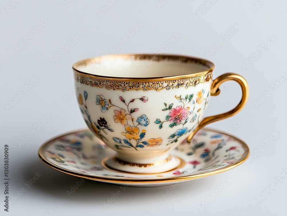 A delicate porcelain teacup with hand-painted floral patterns and a gold-rimmed edge on a matching saucer A delicate porcelain teacup with hand-painted floral patterns and a gold-rimmed edge on a matching saucer