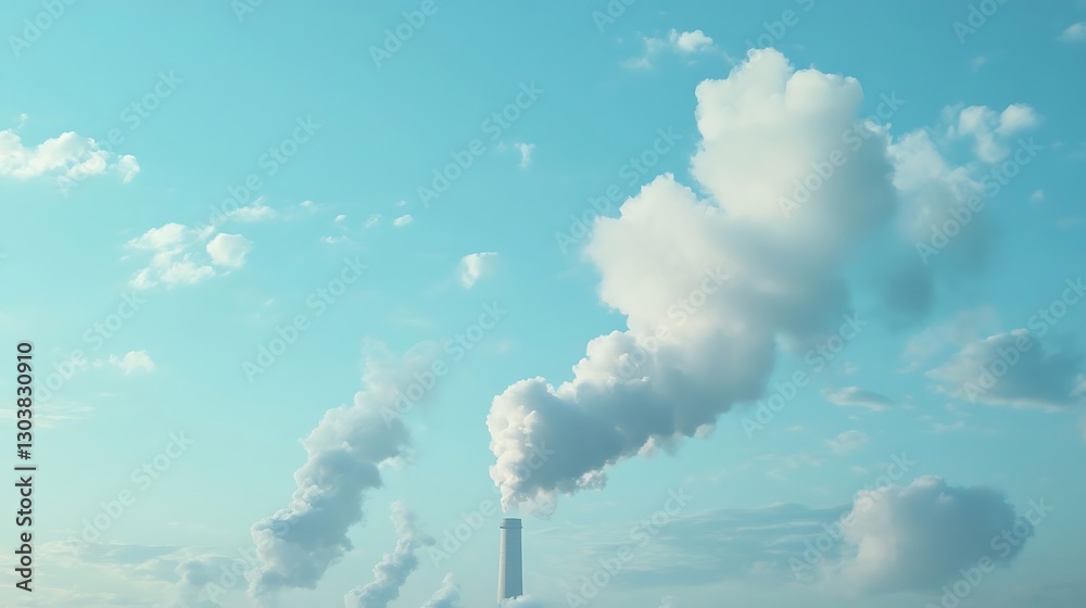 Fototapeta premium Smoke from industrial chimneys rises against a clear blue sky, providing ample space for text or other design elements..