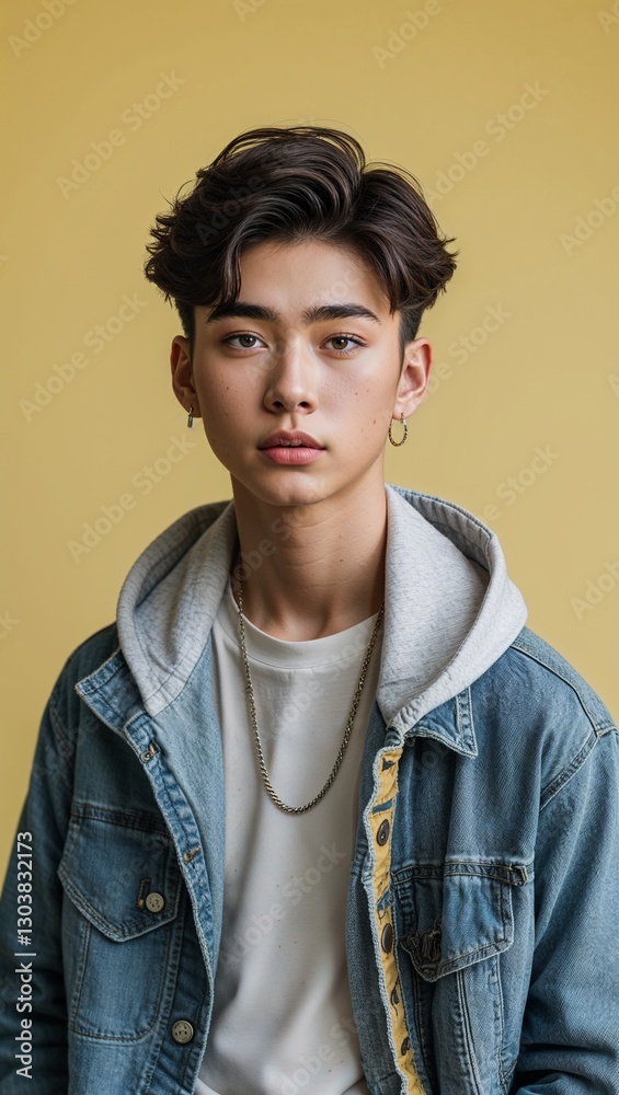 Fototapeta premium Asian teen guy plain yellow background in casual stylish fashion whole body portrait